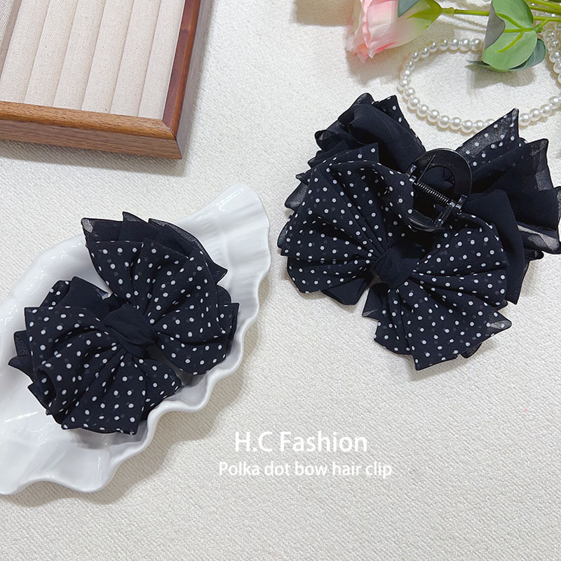 Retro style, elegant and versatile grab clip, polka dot, multi-layer bow, banana clip, ponytail hair clip, high-end hair accessory Specification drawing