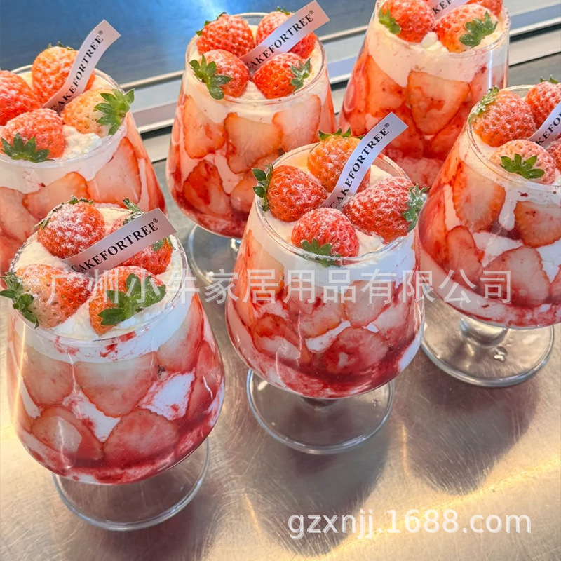 Strawberry cake cup, New Year's Eve brandy cup, romantic strawberry season glass tall stem red wine glass, cherry cake decoration cup Application Scenario