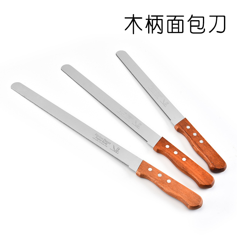 Stainless steel woodblock bread knives, cake spatulas, toast slicing knives and baking tools in stock details Picture