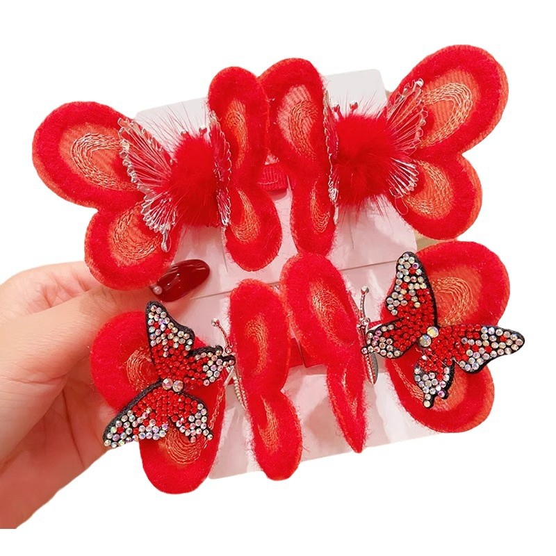 Children's New Year hair accessories for autumn and winter, plush red hair clips with diamonds, girls' lively and moving butterfly hair clips and hairpins Item Picture