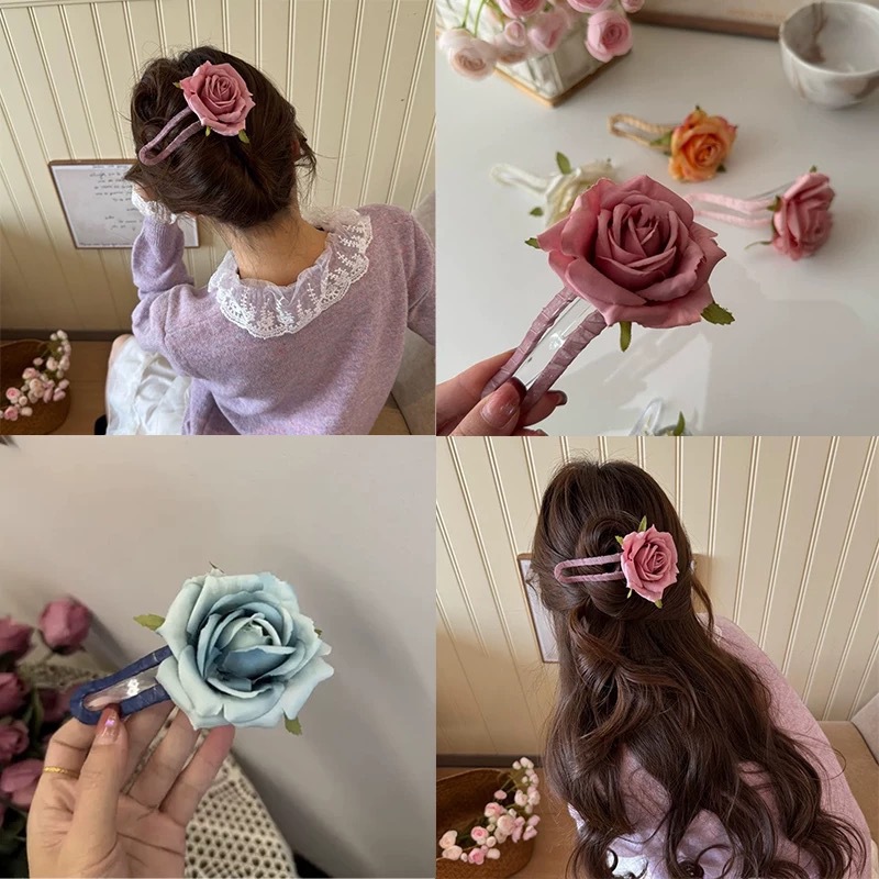 Spring and summer flower hair clips, semi-tied female faux rose, duckbill clips, early spring accessories, back of the head flower hair clips full figure
