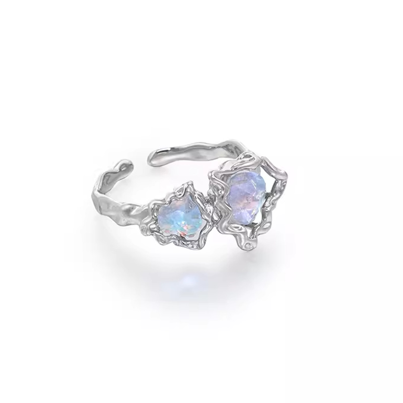 Fashionable and individual liquid texture moonstone open ring with heart shape, simple and niche design sense for women Item Picture