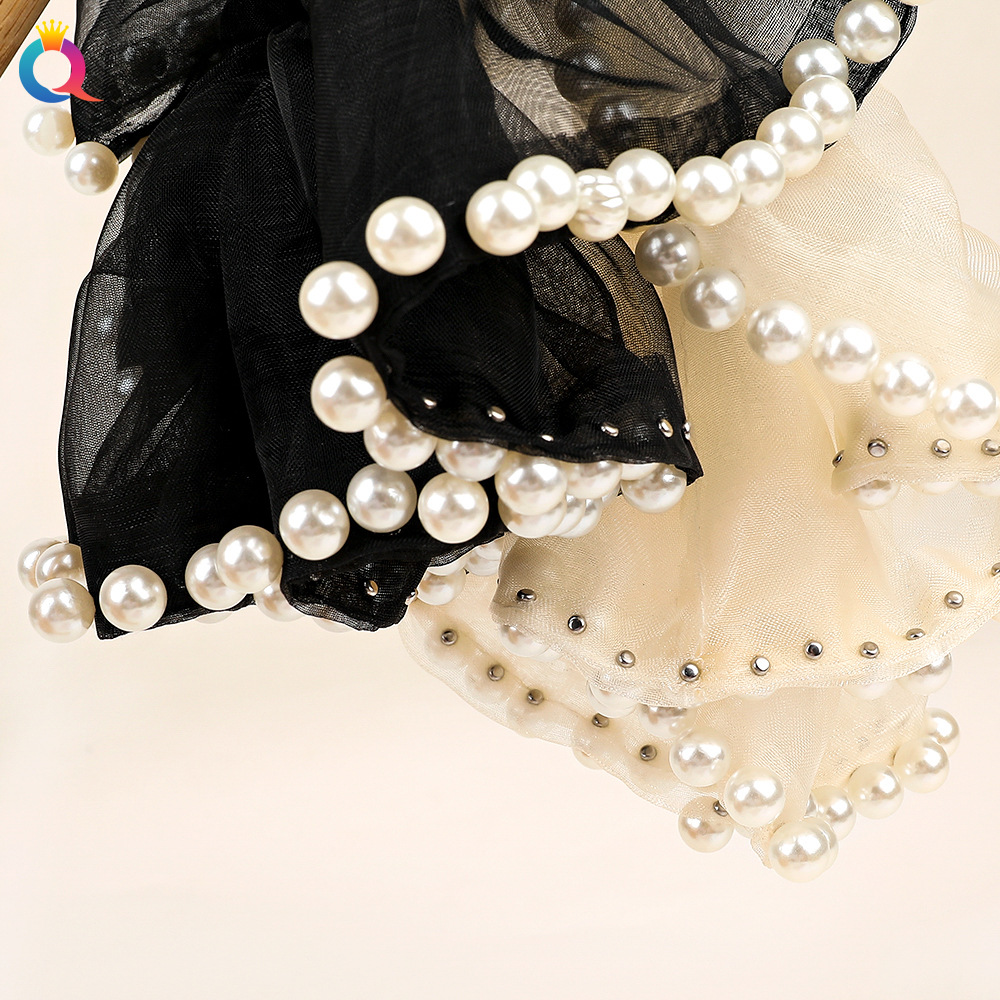 Qiyue Mesh Pearl Large Intestine Hair Band, Small chanel-style hair tie, High ponytail Large Intestine Hair Band wholesale Specification drawing