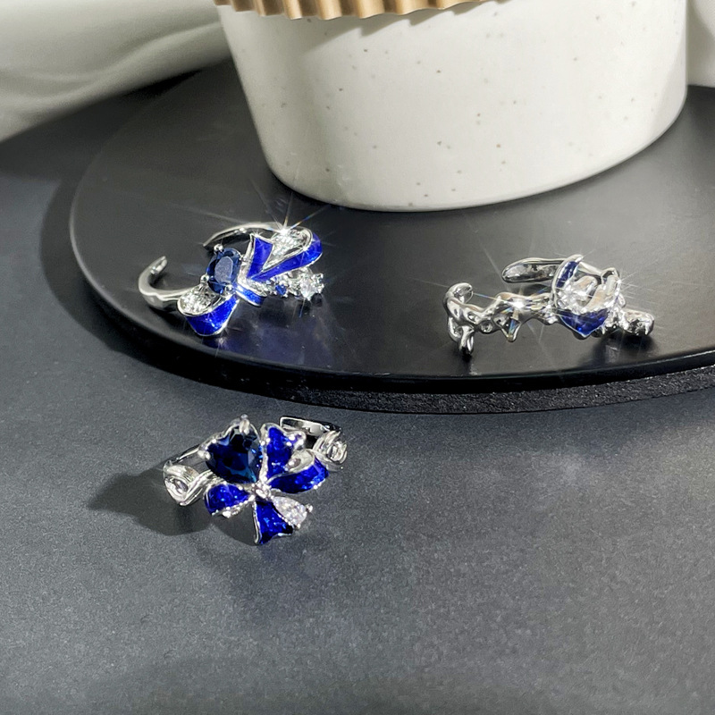 A unique blue heart-shaped glazed bow open ring with a distinctive European and American style, a trendy and fashionable ring for women on Instagram Specification drawing