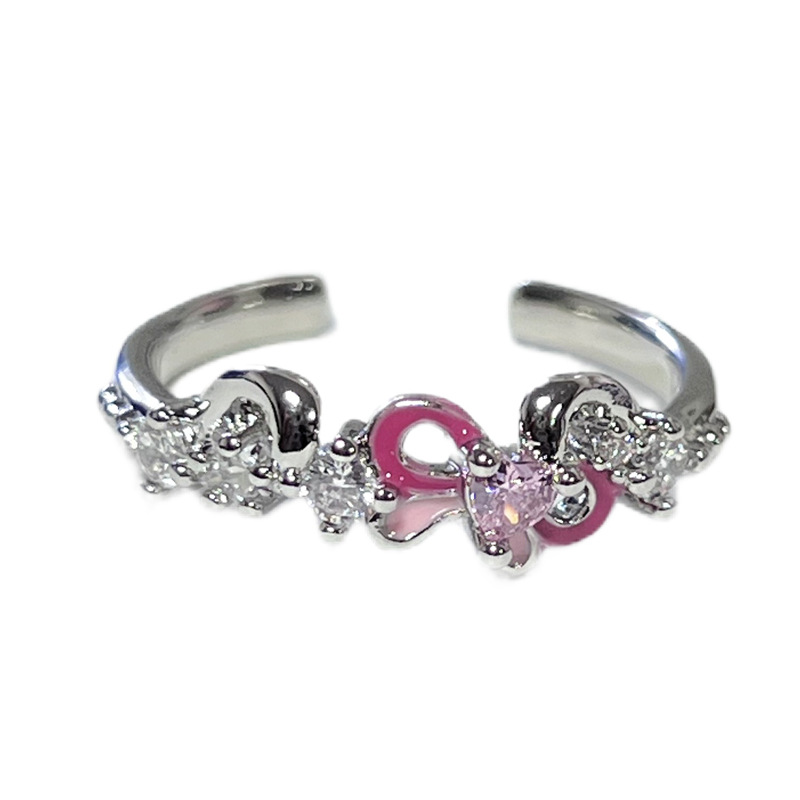 Sweet double-layer pink diamond bow ring, a niche design for women, with a cold and elegant style, trendy and individualistic, fashionable index finger ring Item Picture