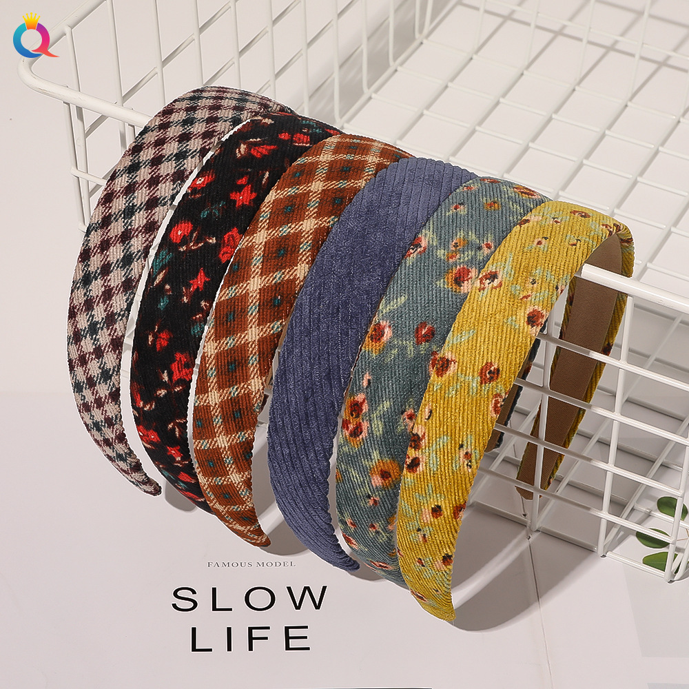 Qiyue Cross-border Retro checkered floral headband Corduroy headband French sweet Girl Hair Carson style hair accessory full figure