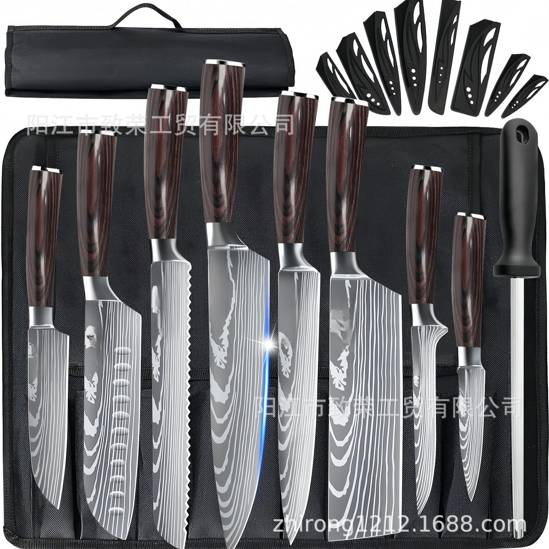 Cross-border Damascus knife pattern chef knife, fruit knife, stainless steel knife set, Japanese knife, Santoku knife, kitchen knife Specification drawing