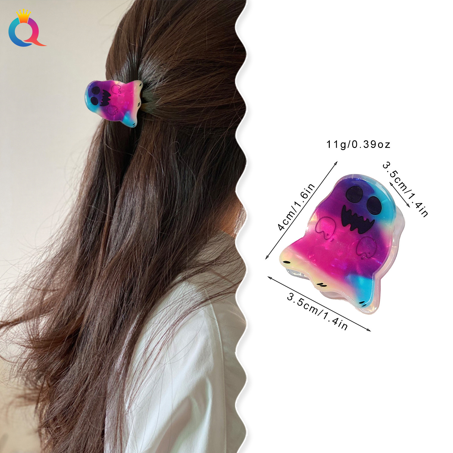 Wholesale of Qiyue PVC Ghost Expression Halloween Hairpins, hair clips, and high-end Acrylic shark clips details Picture