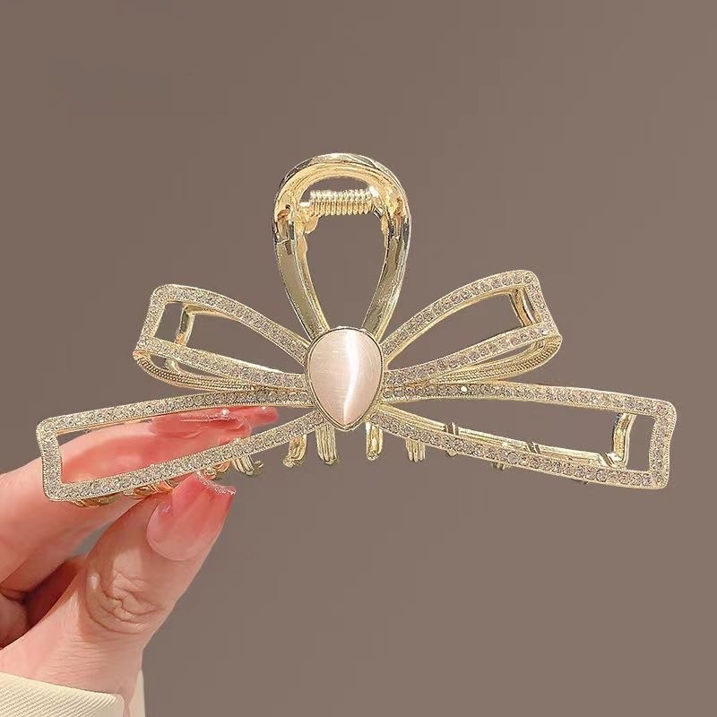 French large back head bun hair clip, sweet and elegant bow, cat's eye stone water diamond hair clip, female shark clip full figure