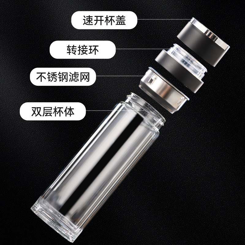 Instant opening cup, one-click lid opening glass cup, business car cup, tea and water separation, double-layer high borosilicate gift water cup consignment Specification drawing