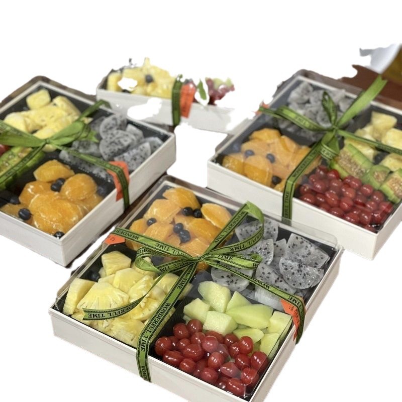 The same style as Xiaohongshu's Four Happiness box, a four-compartment fruit box, a fresh fruit cut packaging box, a square non-folding packing box Item Picture