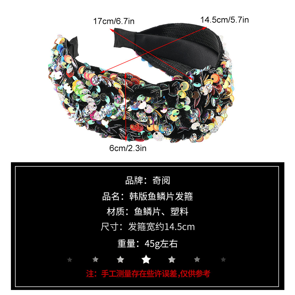Qiyue Amazon European and American cross-border sequin knotted headbands, women's fish scale seven-color wide-edge headbands and headwear wholesale Specification drawing