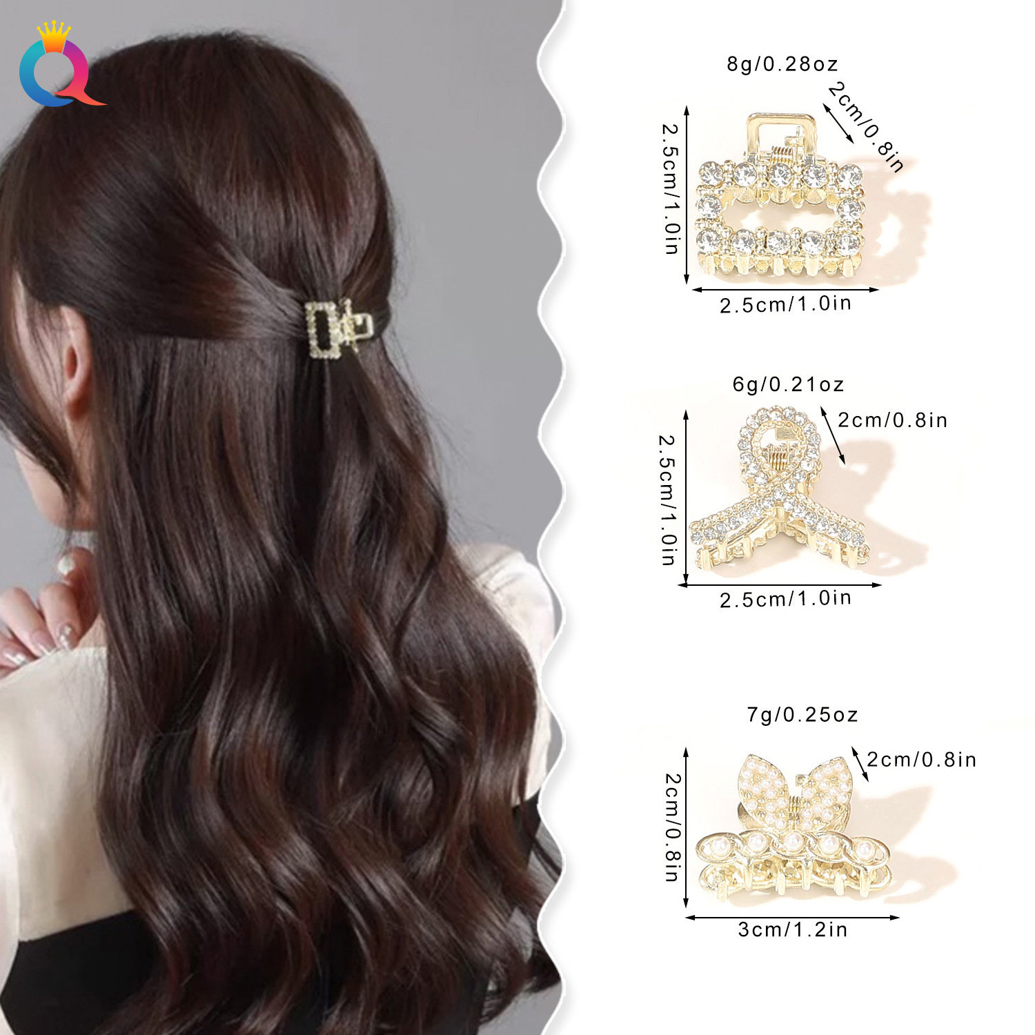 Qiyue small water diamond pearl hair clips, fashionable metal semi-tied hair clips, shark clips, high-end hair accessories wholesale details Picture