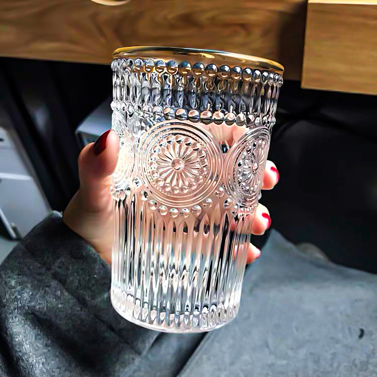 Gold-rimmed sunflower glass cups, women's Ins-style gifts, Japanese embossed beer cups, household vintage water cups wholesale full figure