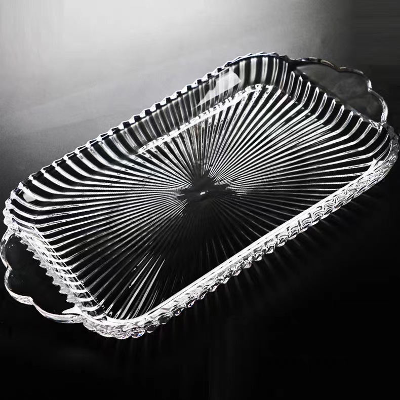 European-style crystal glass rectangular tray, fruit plate, creative engraved coffee table, water cup plate, fruit plate and dried fruit plate full figure