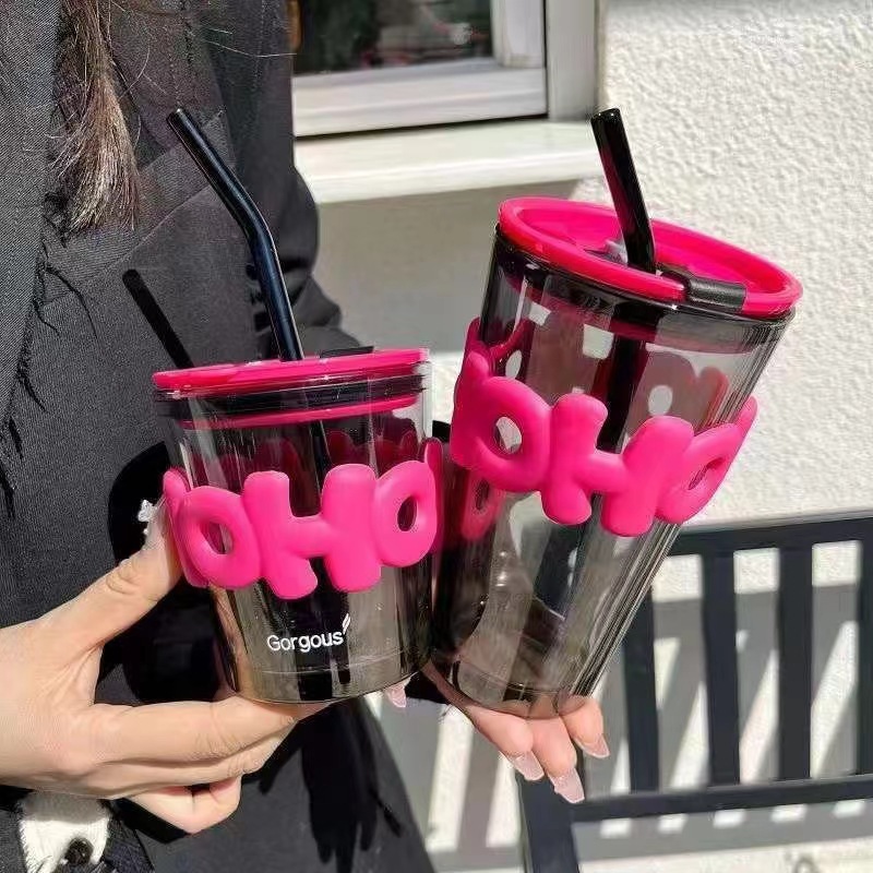 The new letter cup, thickened glass water cup, straw cup, direct drinking cup, beverage cup and coffee cup, with a high appearance level for dual drinking details Picture