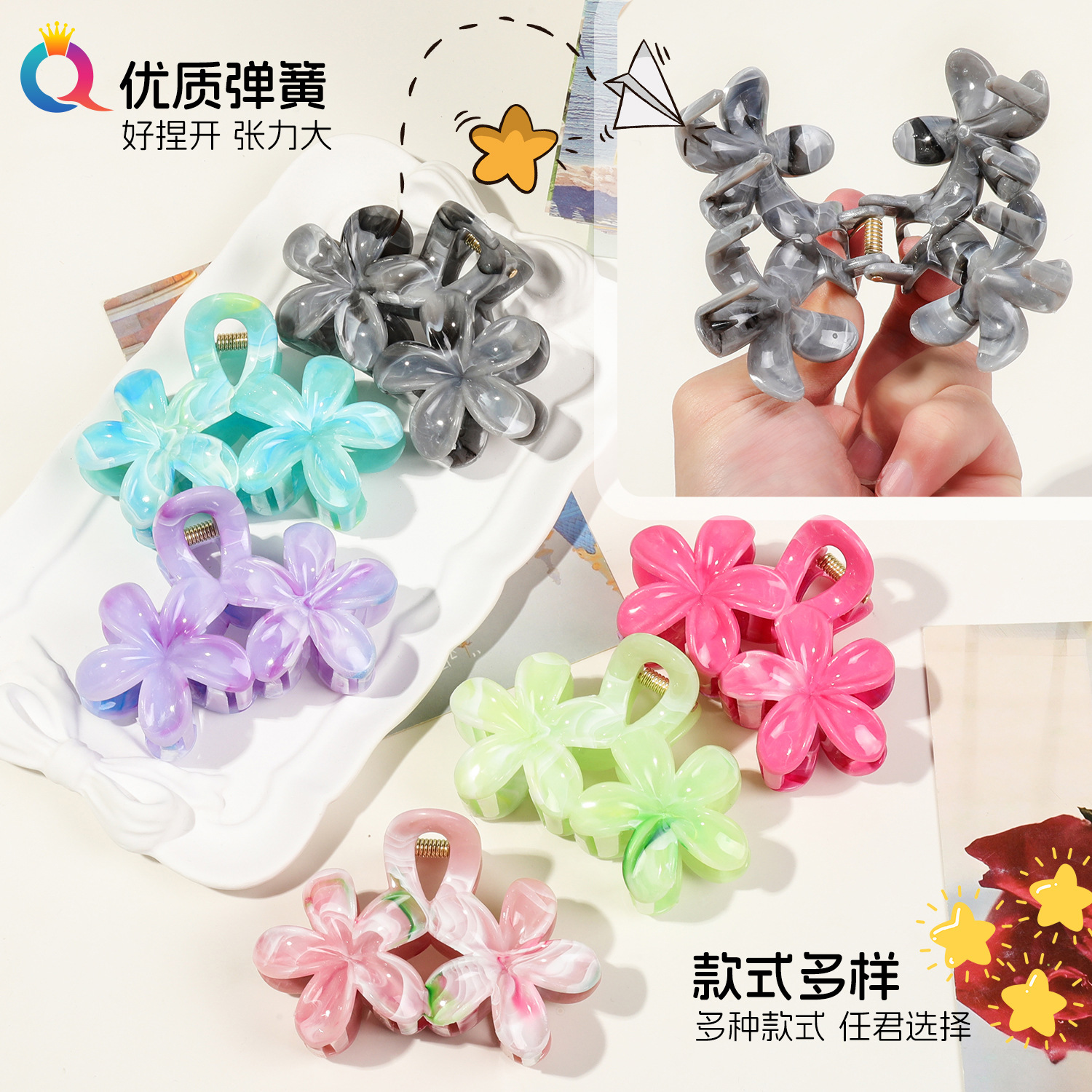 Wholesale of Qiyue Cross-border's new double-flower marble-patterned hairpins, feminine shark clips, and high-end scratch-clip headwear Specification drawing