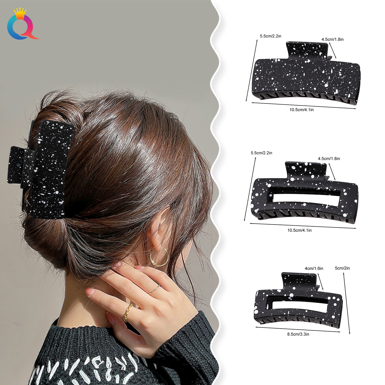 Wholesale of Qiyue Cross-border ink-wash style hair clips, matte hair curls, black and white high-end square shark clip hair accessories details Picture