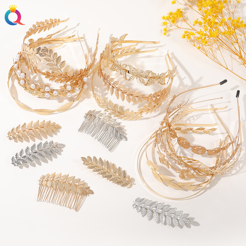 Qiyue Cross-border Metal Leaf headbands, popular bride headbands in Europe and America, golden leaf hair clips, headwear and hair accessories wholesale details Picture