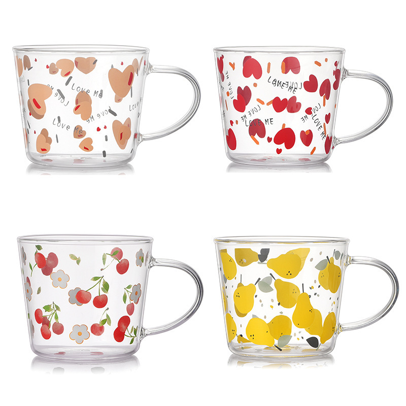 Wholesale glass water cups, household glass cups with handles, patterned printed high borosilicate milk cups, glass breakfast cups Item Picture