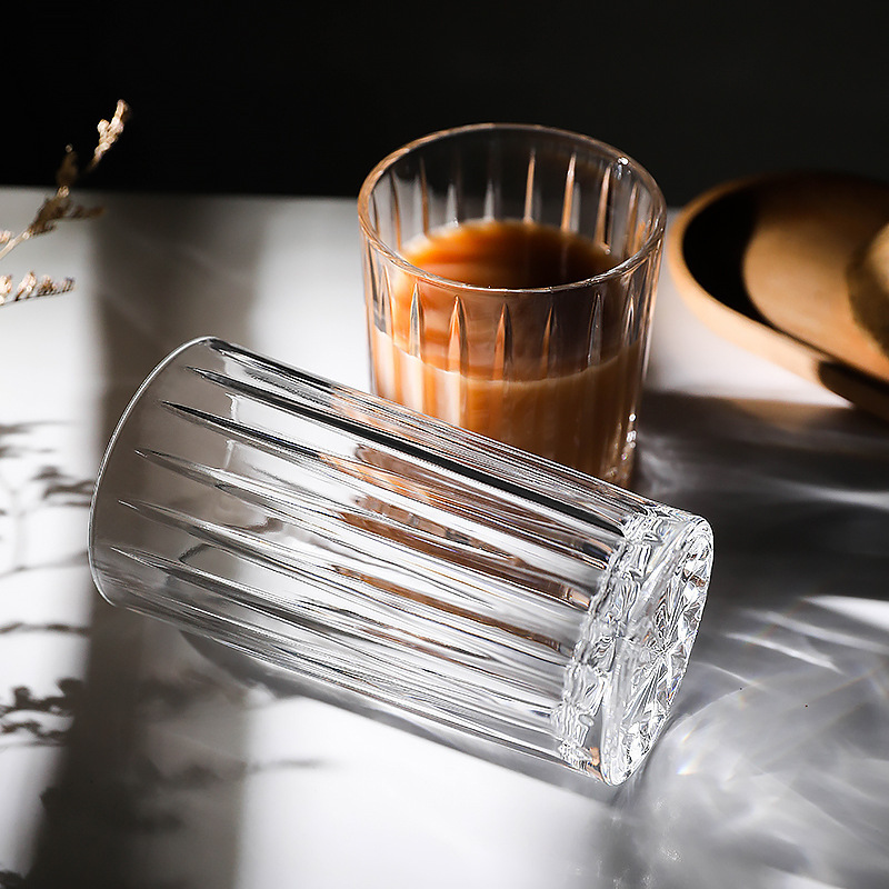 High-end striped glass cups, whisky wine glasses, American iced coffee cups, latte cups, transparent milk breakfast cups Application Scenario