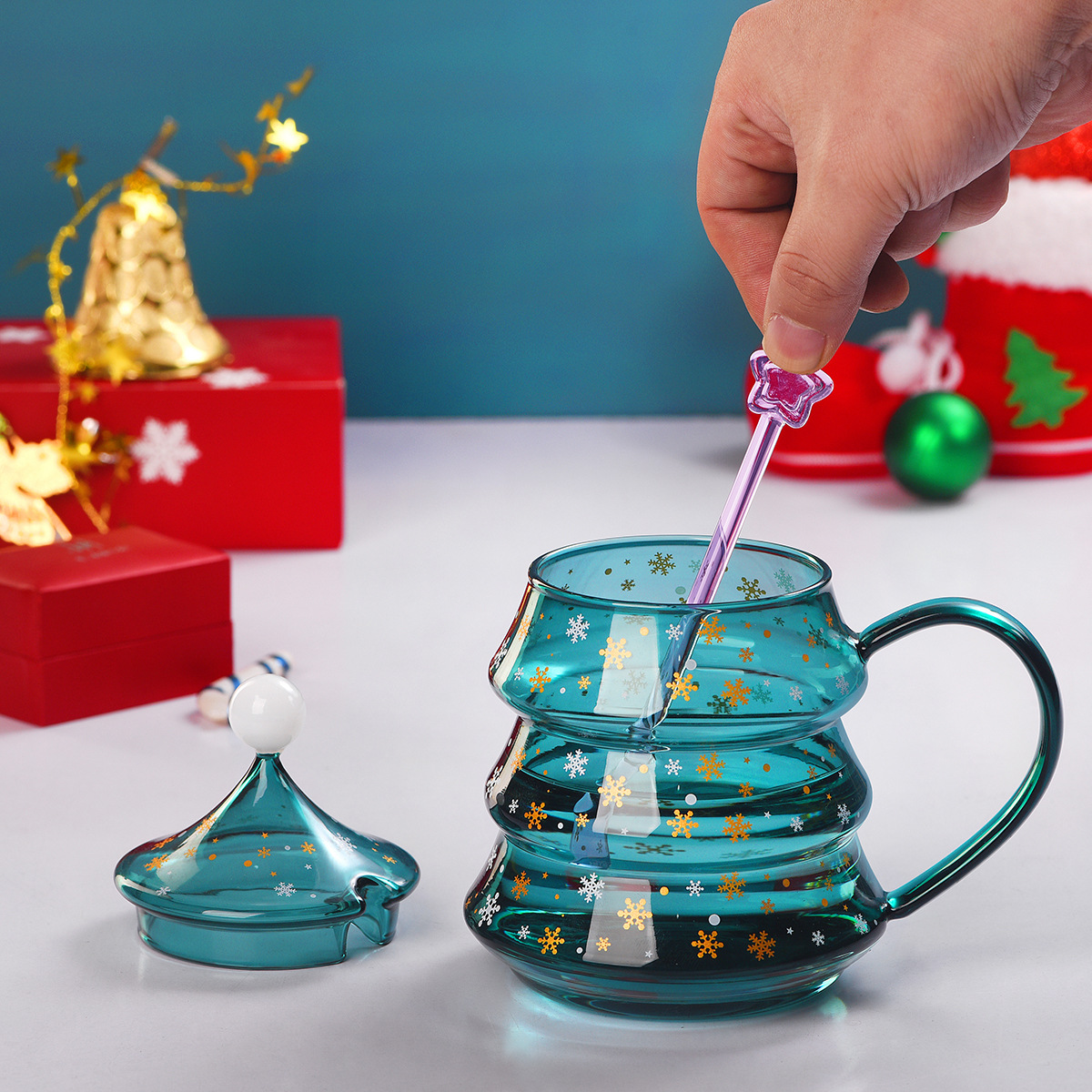 Christmas gift cups, creative glass cups, ins household water cups with LIDS, wholesale double-layer high borosilicate juice cups Specification drawing