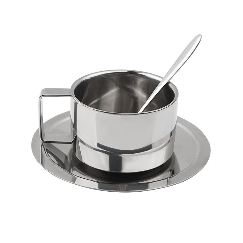 304 stainless steel Milan-style coffee cup set, double-layer cup, restaurant tea cup, industrial-style milk cup, three-piece set Item Picture