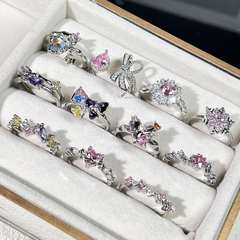 A Korean-style, sweet and cool pink diamond bow open ring with a touch of high-end sophistication and a light luxury style on Instagram Specification drawing
