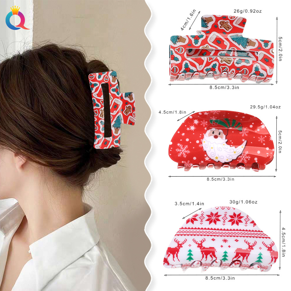 Qiyue Cross-border Christmas hairpins, cute cartoon printed acrylic grabbers, hair curls, shark clips, hair accessories wholesale details Picture