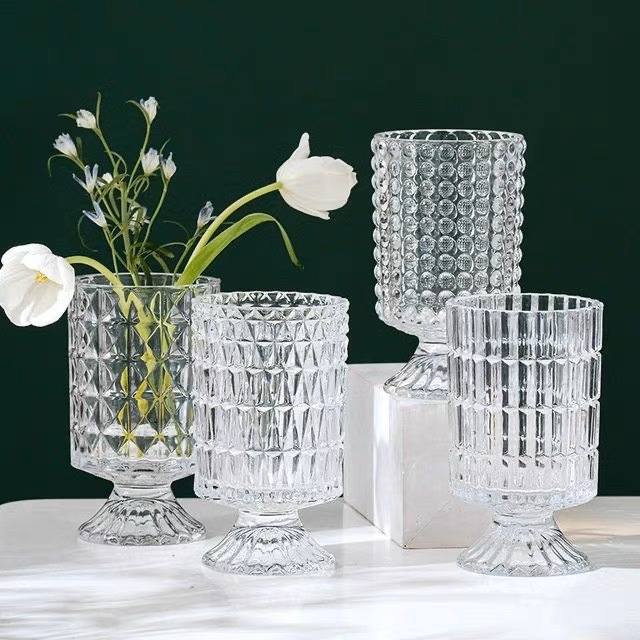 French retro embossed glass tall vase, living room dining table decoration, transparent flower arrangement, hydroponic small vase full figure