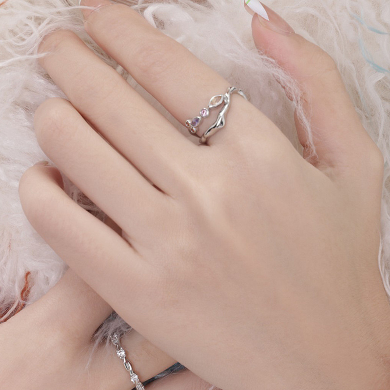 Sweet and cool style colored zircon double-layer open ring, ins, cold style, light luxury, high-end, elegant and fashionable food ring Specification drawing