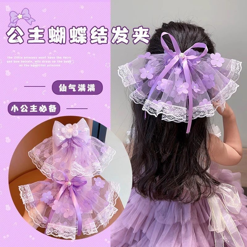 Children's super fairy-like silk gauze bow hair clips, cute baby princess ponytail hair clips, little girl forest-themed hair accessories Specification drawing