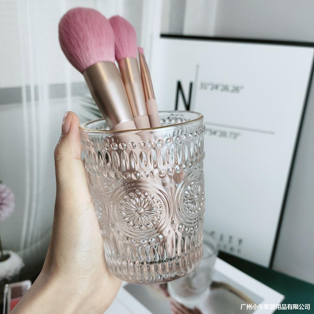 ins Noble embossed golden edge sunflower glass cup, makeup brush holder, desktop storage pen bucket, water cup, washing cup details Picture