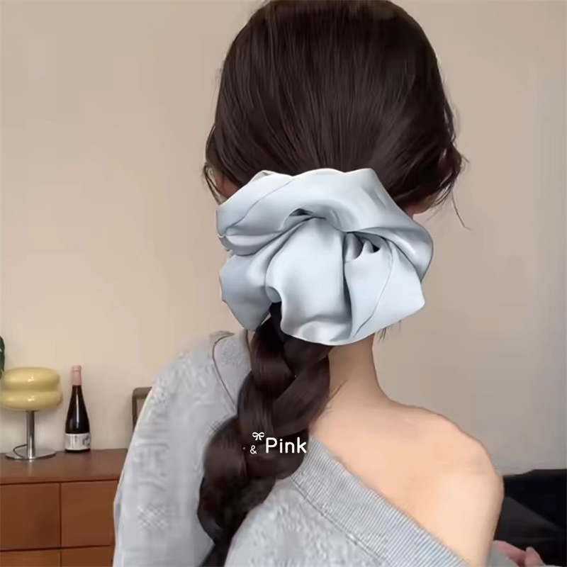 Korean-style satin high-end solid color large colon hair band, high-elasticity bun hair tie, seamless hair care headwear and hair accessory details Picture