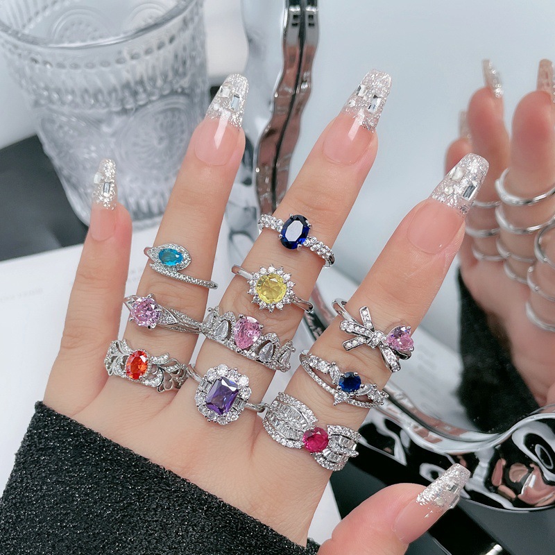 French exquisite colored gemstone series, niche open ring, women's high-end, light luxury, sweet and cool, geometric style, versatile ring full figure