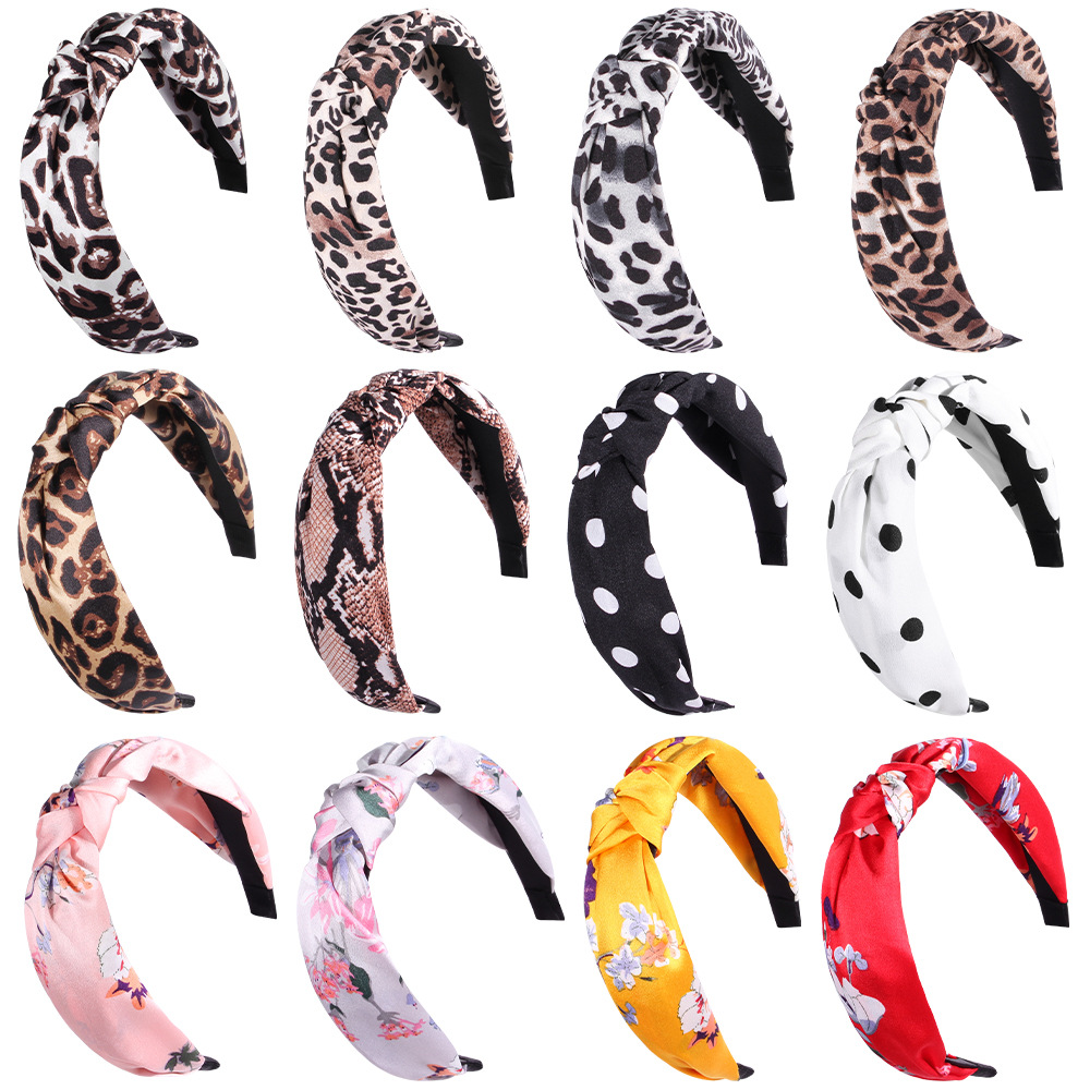 Qiyue Popular leopard print headband for women, wide edge floral knot headband, fabric adult headband E14 details Picture