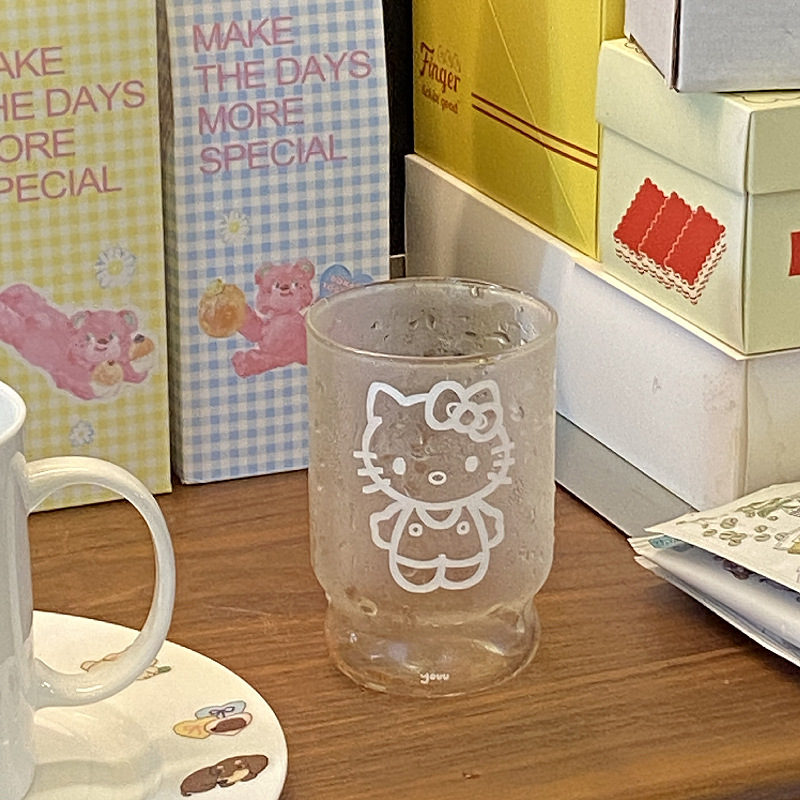 ins high-transparency cartoon kt cat glass cup, cute high borosilicate water cup, girlish milk breakfast cup, coffee cup Item Picture