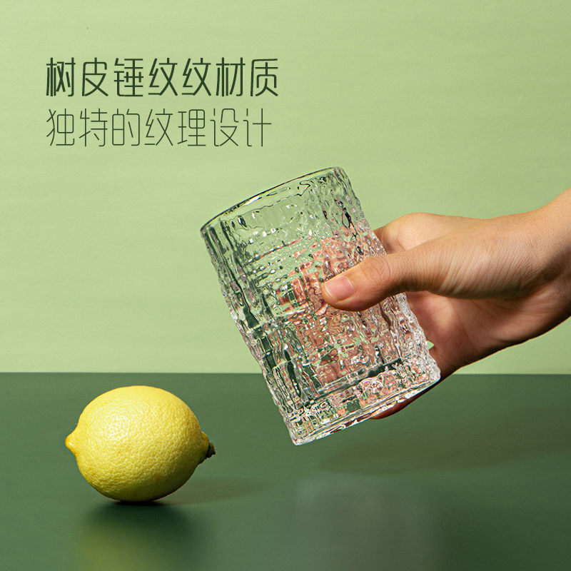 Gold-rimmed Ins-style bark-patterned glass water cups for women, simple and fresh forest-themed juice cups, milk cups, spirits and beer mugs Application Scenario