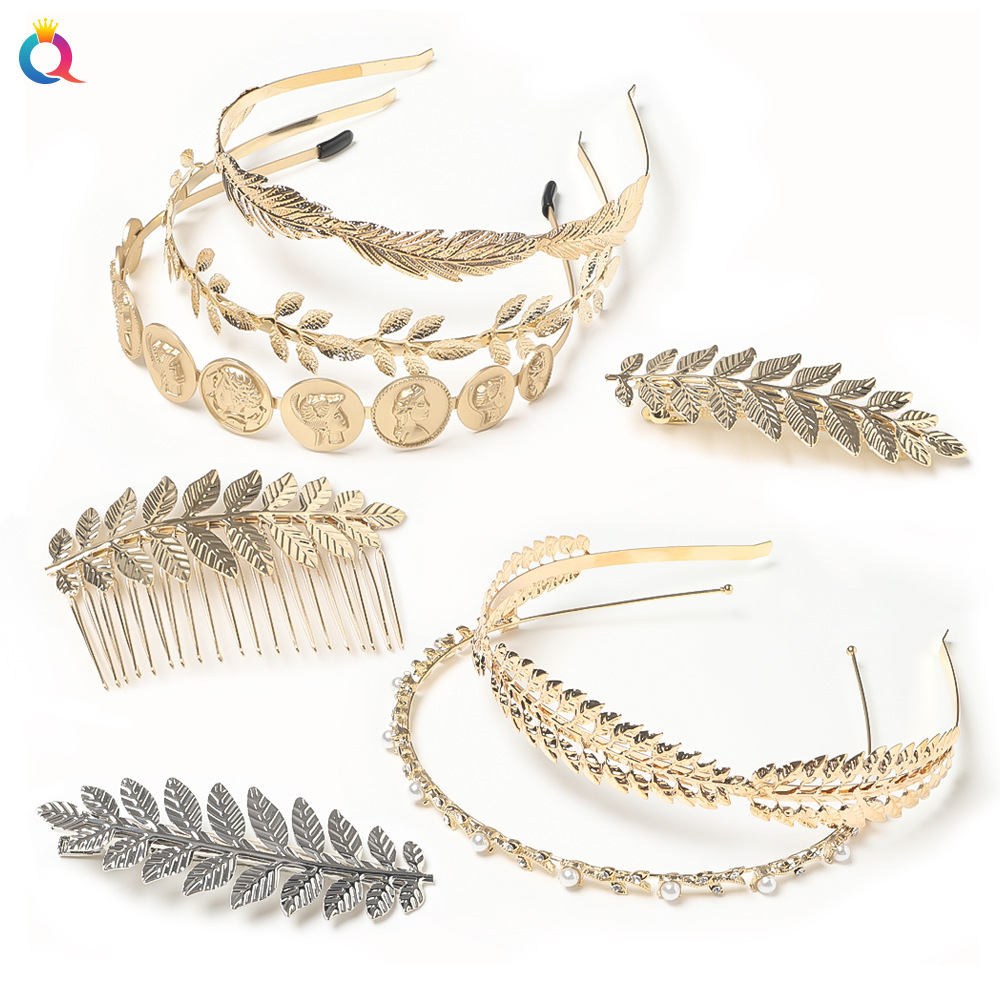 Qiyue Cross-border's new alloy leaf hairpin, spring clip, Baroque gold coin portrait hair band and hair accessory full figure
