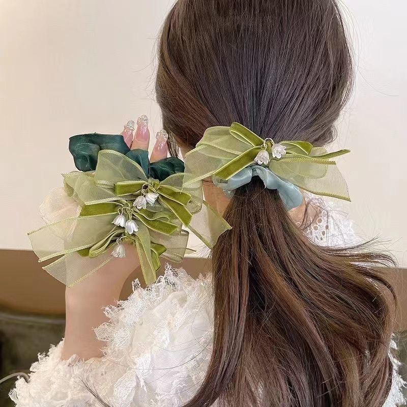 Bow, lily of the valley, flower hair tie, girls' high-end and light luxury style, leather band tie, large intestine circle hair tie full figure