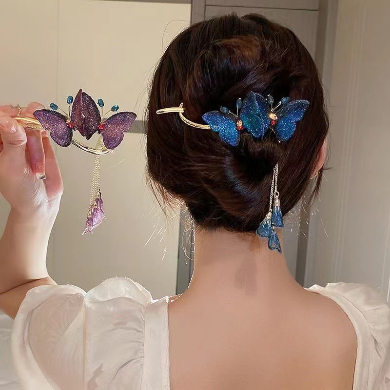 High-end butterfly tassel hair clips, feminine charm, Internet celebrity, wobbly water diamond pearl twist clip, back of the head updo hair clip details Picture