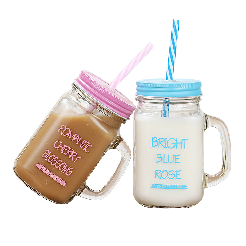 Creative straw cup, glass cup, English rooster cup, handle cup, milk tea bottle, beverage bottle, Mason cup with lid Item Picture