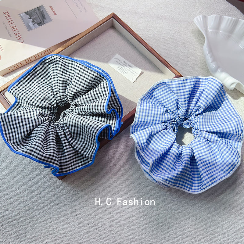 A new sweet blue double-layer checkered large intestine hair band with a high-end female look and a simple Korean-style hair accessory for the back of the head Application Scenario