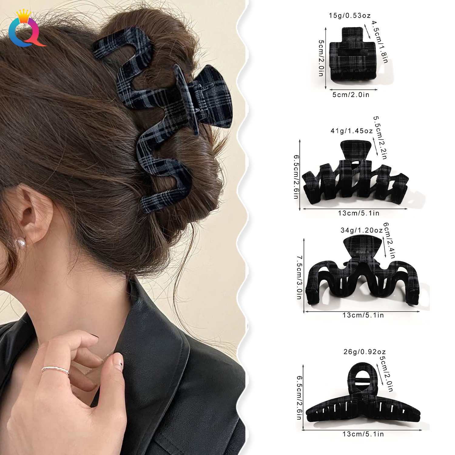 Qiyue Autumn/Winter PC checkered flocking hair clip, women's ins updo hair clip, high-end styling, shark clip hair accessory details Picture