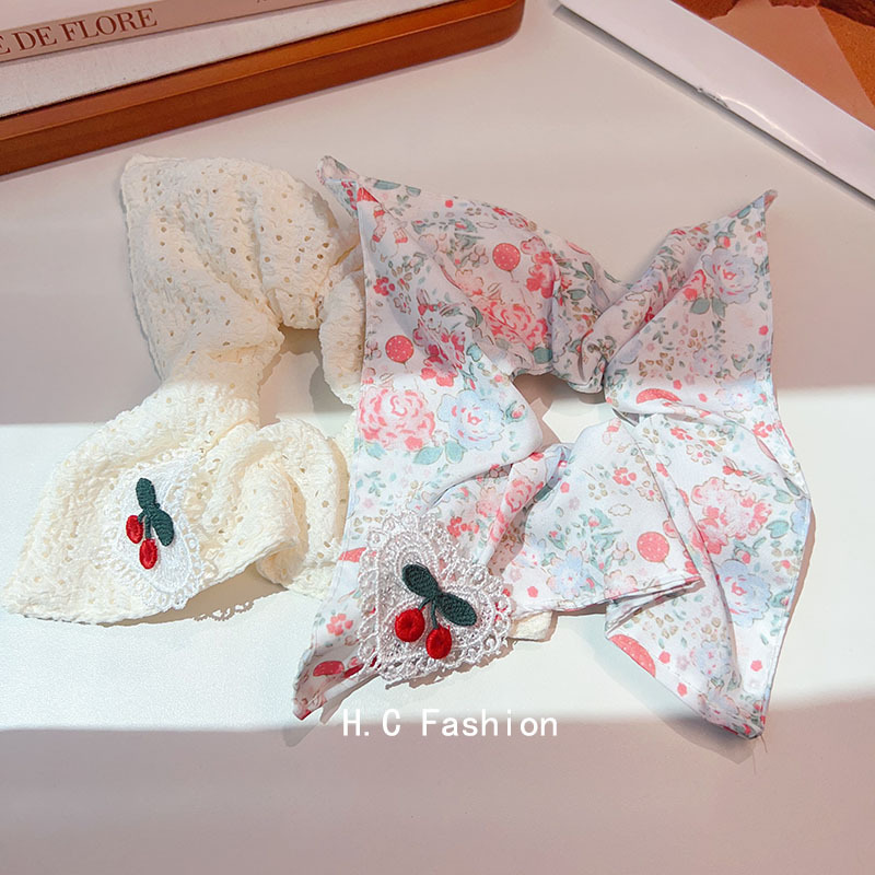 Large Intestine hair band 2025, cute cherry white square scarf, sweet hair flower, girlish polka dot hair tie, trendy hair accessory details Picture
