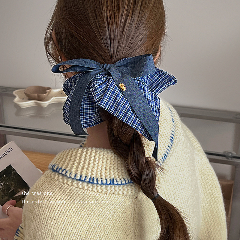 Korean-style blue checkered square scarf, large intestine hair band, Korean-style bow, elegant square hair tie, low ponytail bun hair accessory full figure