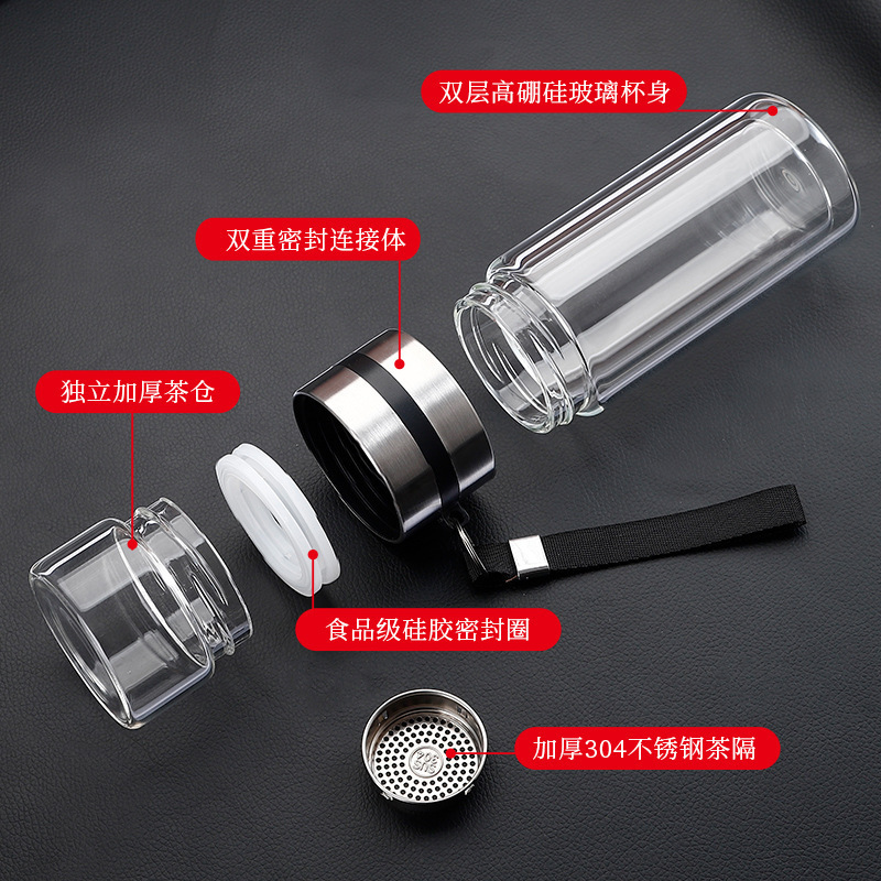 Double-layer tea brewing cup, glass tea water separation cup with handle rope, car-mounted business, high-temperature resistant, portable and waterproof cup Application Scenario