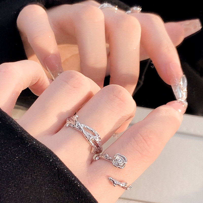2023 Rose Thorny Open Adjustable Plain Ring Women's Instagram-style niche design Couple's food ring details Picture