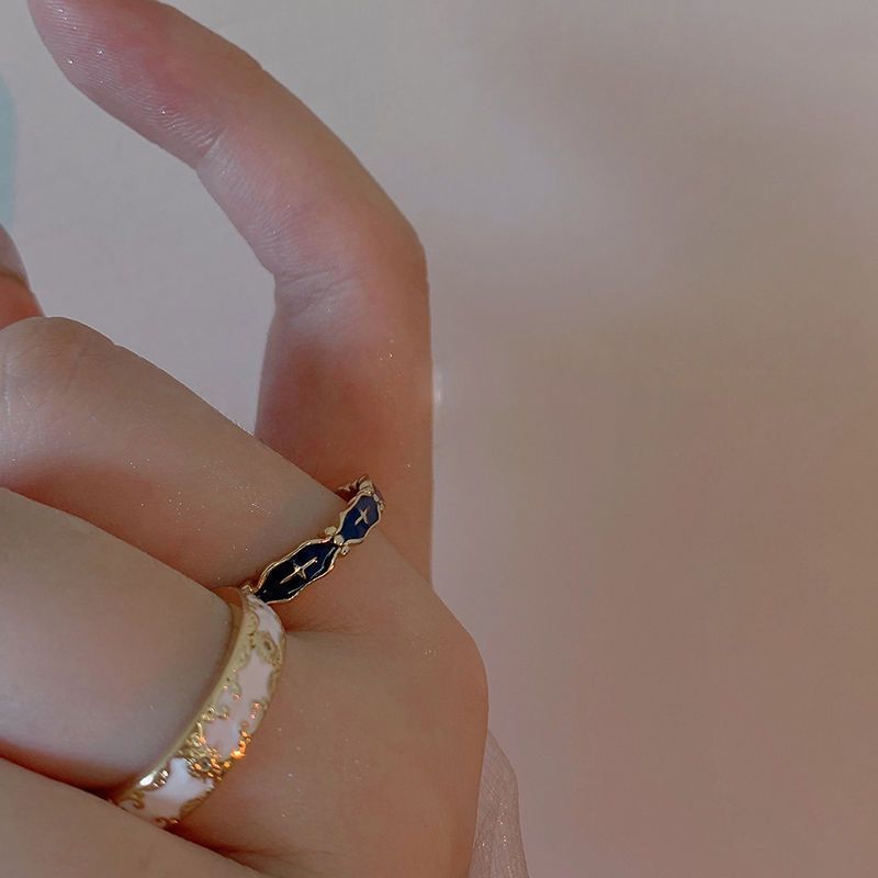 Enamel pattern blue cross open ring for women, high-end, niche design, light luxury, ins open ring details Picture