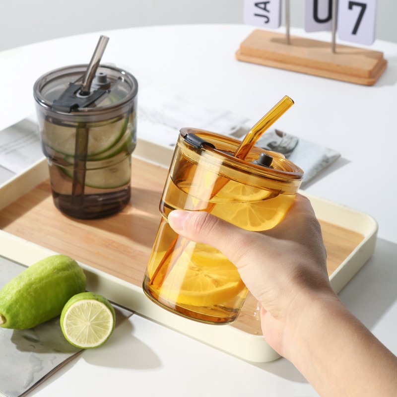 The popular bamboo joint cup, InS-style straw, double-drinking coffee cup, advertising gift, glass water cup with logo printing details Picture